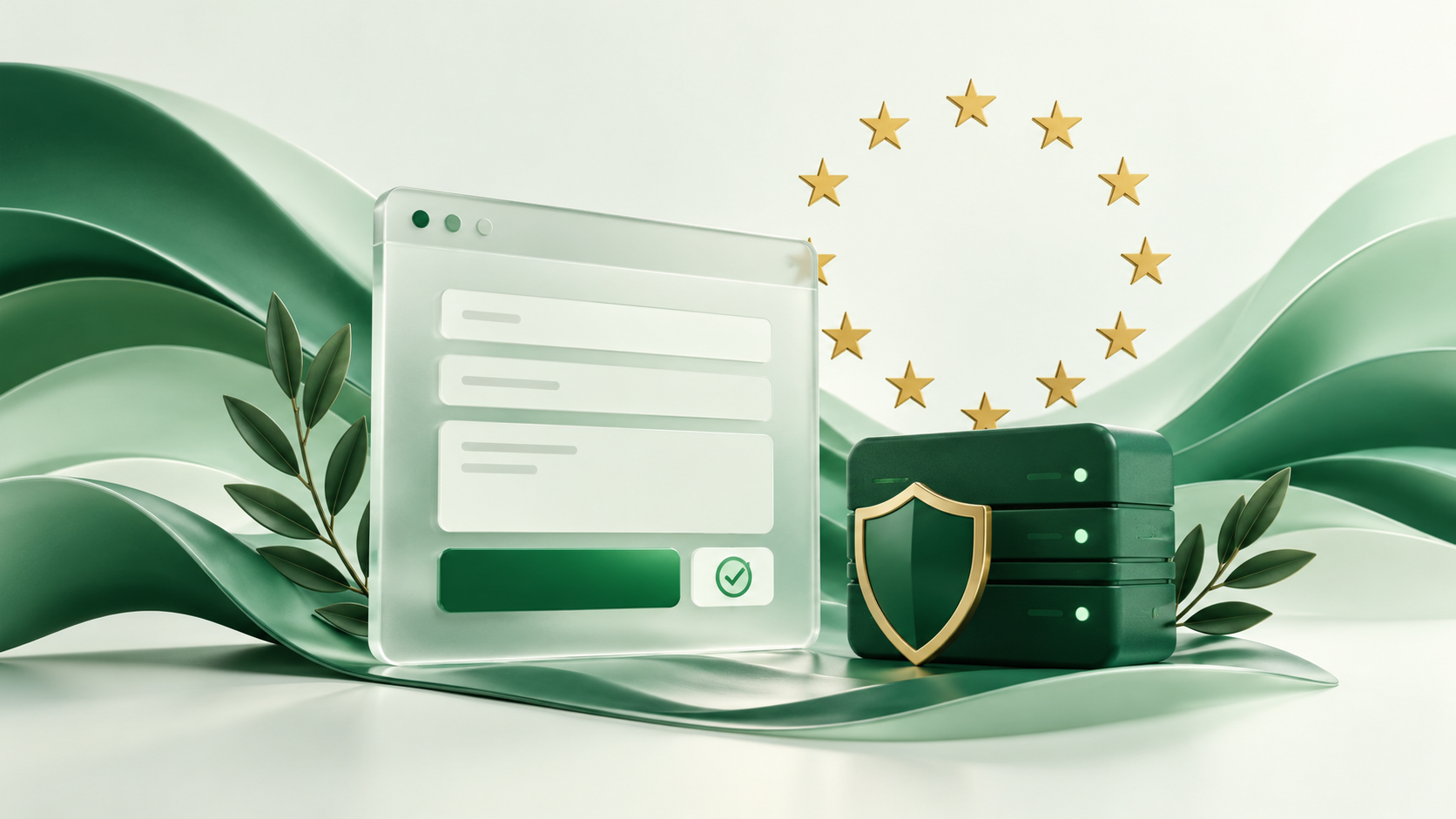Groen contactformulier naast een server met een schild, met twaalf Europese sterren op de achtergrond.