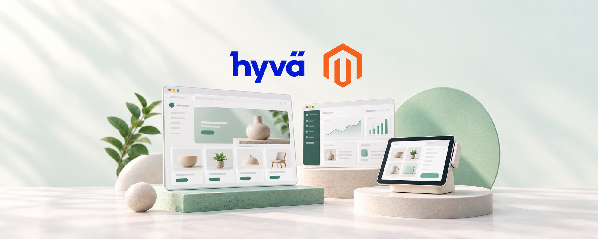 Illustratie met de logo’s van Hyvä en Magento boven een webshop, beheerdashboard en kassatablet.
