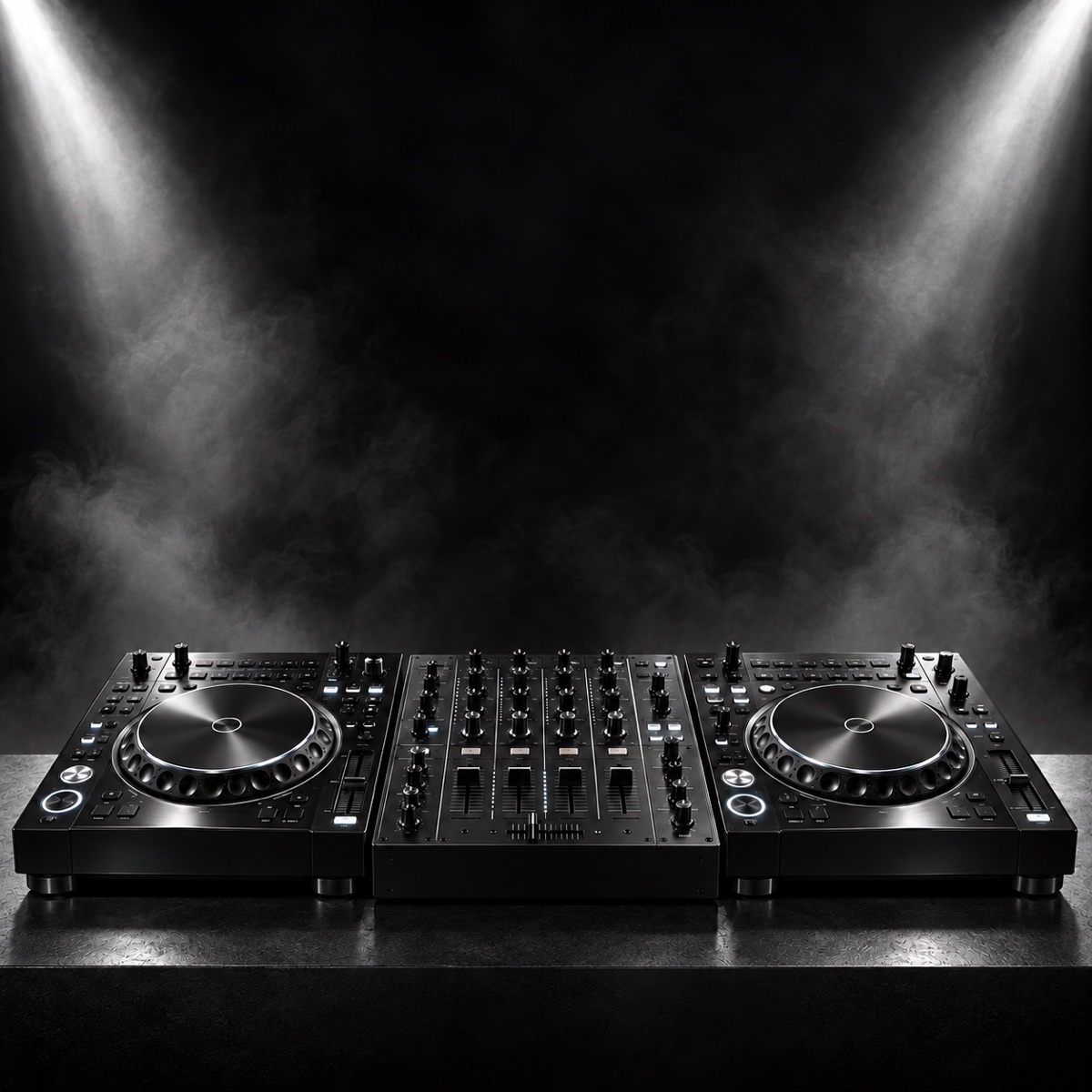 Twee DJ-decks en een mixer onder witte podiumverlichting.
